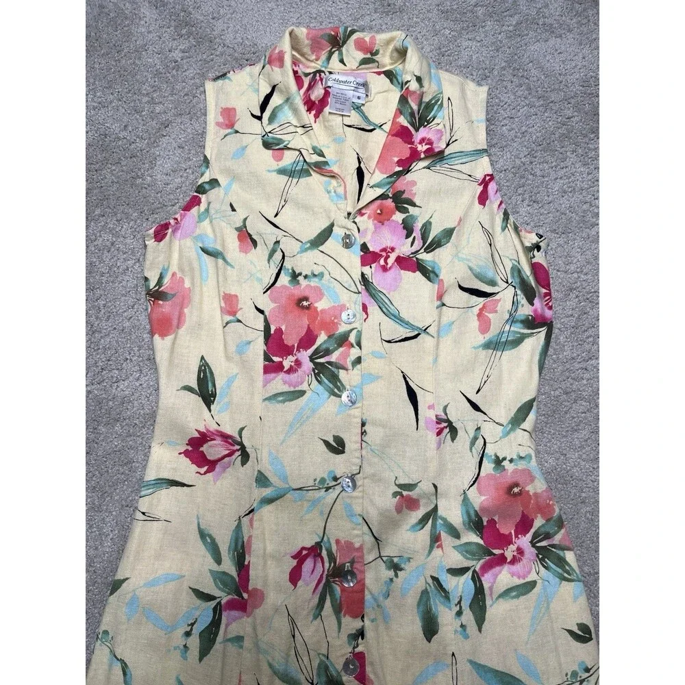 Coldwater Creek Floral Linen Maxi Dress Size 6 Yellow Modest Button Cottage Boho